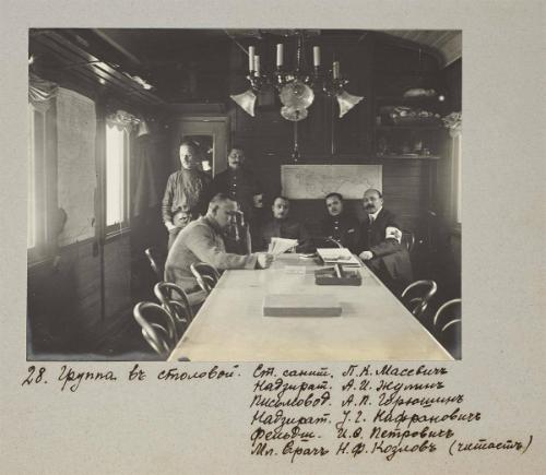 Group in the canteen. Senior medics  P.K Masevich, supervisor A.I Zhulin, clerkA.P Gavrushin, supervisor U.G Nafranovichc, paramedic I.O Petrova, junior doctor N.F Kozlov ( reading)