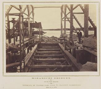 Miramichi Bridges: South West Branch. Interior of coffer dam, Pier G. masonry commenced. 25th July, 1873