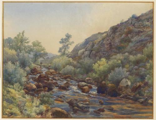 Rocky Mountain Stream with Gentleman Fishing