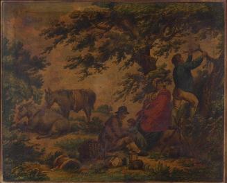 Gypsies in a landscape resting beside a campfire