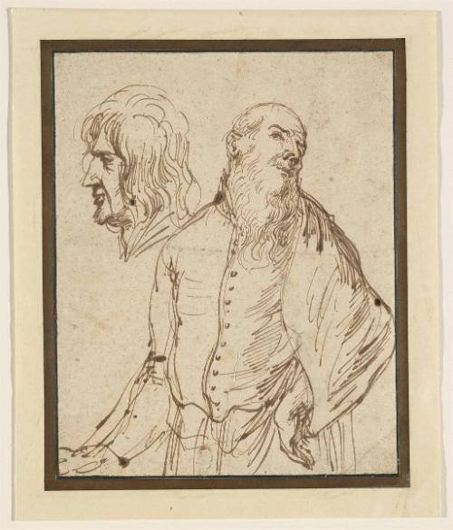 Study of a bearded Man standing with his arm on his Hip, and a subsidiary study of a Man's Head