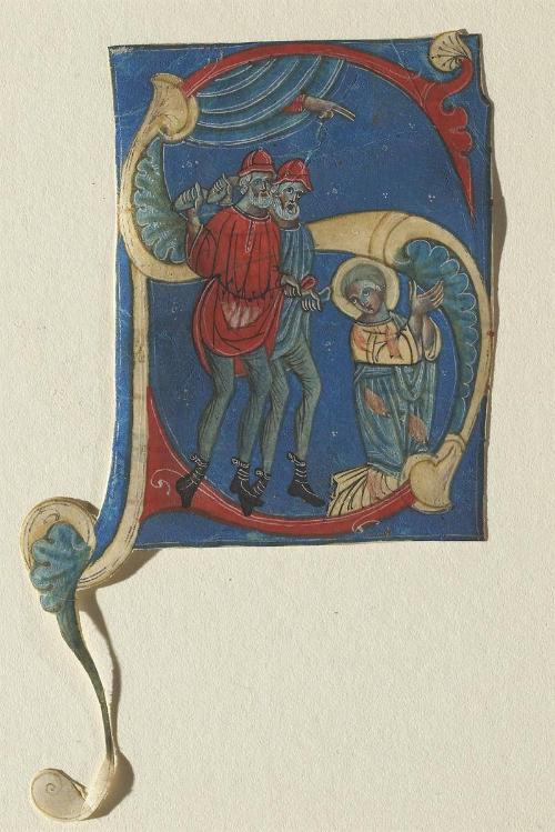 Manuscript Initial with 'The Stoning of Stephen', from an Antiphonal (recto); musical notations (verso)