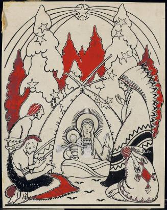 Within a lodge of broken bark the tender babe is found    Illustration from The First Canadian Christmas Carol by Father Jean de Brébeuf