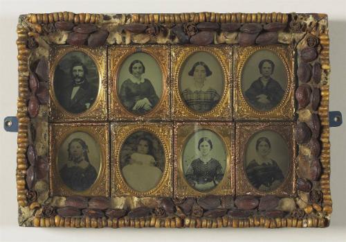 [Portrait grid - family members, in a decorated frame]