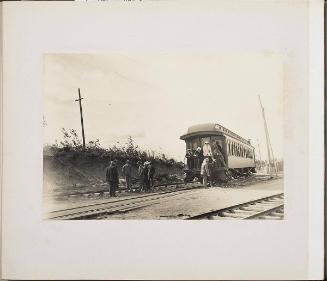 Whistlestop tour train: Edith Audrey Beeton and others on train, group on tracks
