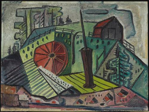 Untitled (town scene with barn and apartment buildings)