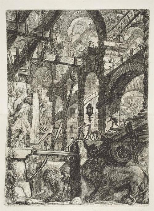 A Perspective of Roman Arches, with Two Lions Carved in Relief on Stone Slabs in the Foreground