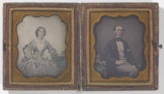 [Portrait of a man seated at table with books; Portrait of woman seated at table with books]
