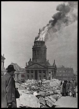 The dome of a building in Berlin on fire, after allied bomb raids.