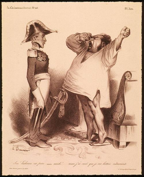 Sire! Lisbonne est prise-aaaah!! Aussi j'ai revé que je me battais crânement!, Plate 304 from La Caricature, No. 145, Aug. 15, 1833