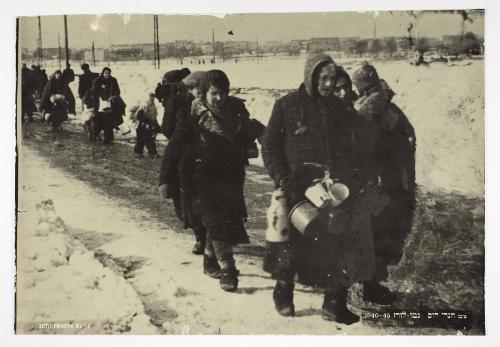 Deportation in winter with girl in shawl