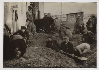 Man digging pit while boys search the ground for potatoes