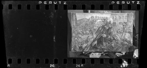 Photograph of a postcard with portrait painting of Mordechai Chaim Rumkowski by Obraz Leizerowitza