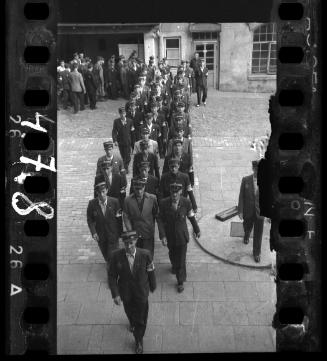 Jewish policemen marching in the ghetto (view from above)