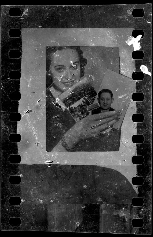 A photomontage of a woman holding a portrait of a man, a picture of a factory and a  Labour Ministry sign