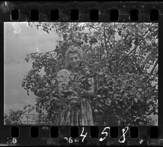 Portrait of Stefania Schoenberg holding an apple tree branch