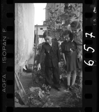 Children with a boy pointing to a garden bed