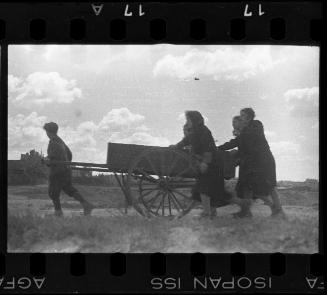 A young boy pulling a hearse to the burial ground