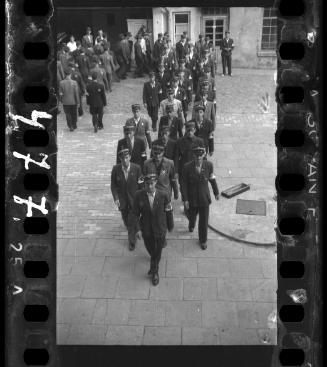 Jewish policemen marching in the ghetto (view from above)