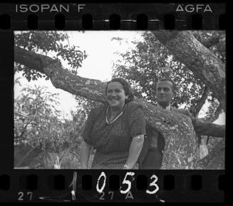 Couple in a tree looking sideways