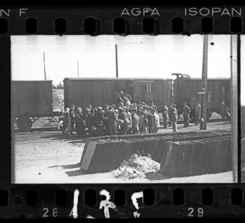 Ghetto police assisting residents onto deportation train at Radogoszcz Station