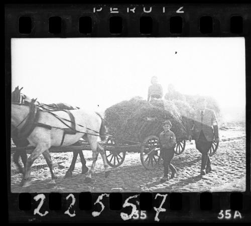 Jewish policeman and young boy walking beside horse-drawn cart