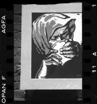 Illustration of an old woman drinking from cup