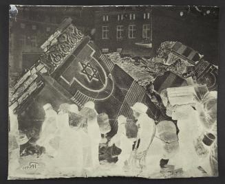 (In photomontage with synagogue in ruins) Boy in cap, with satchel and sack tied to back, walking with winter deportation crowd - side-profile