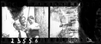 Family with a young boy; Partial image of man in a garden path