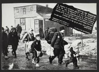 Deportation from Lodz Ghetto,, boy in cap, girl in shawl [with text overlay], Lodz Ghetto