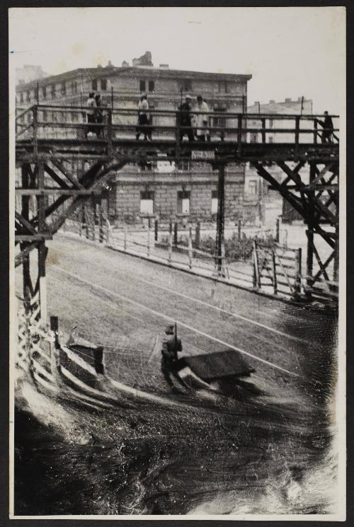 The pedestrian bridge crossing Zigerska Street, the “Aryan” street, that divided the ghetto into two areas, Lodz Ghetto                                                   
