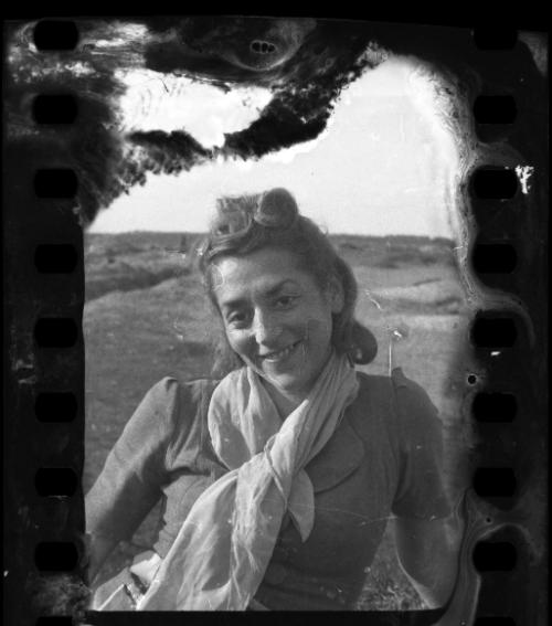 Portrait of Stefania Schoenberg wearing a scarf tied around her neck