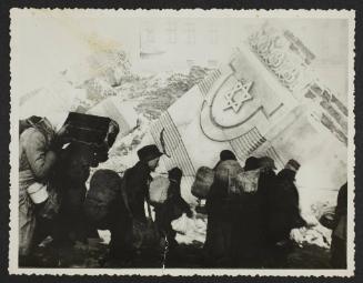 Deportation, boy in cap, photomontage with synagogue