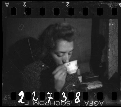 Stefania Schoenberg drinking from a tea cup