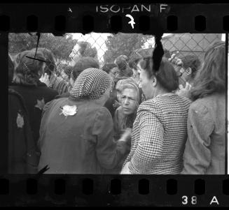 Three women in conversation through a fence
