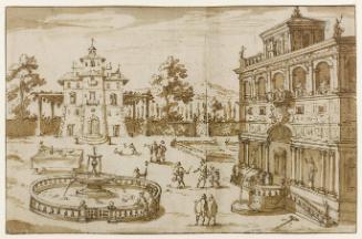 View of a Papal Villa with a Fountain in the foreground and figures playing