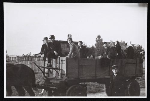 Deportation of the sick on horse-drawn wagon, led by Jewish police