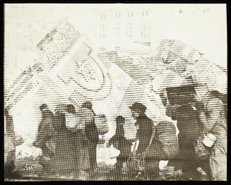 (In photomontage with synagogue in ruins) Boy in cap, with satchel and sack tied to back, walking with winter deportation crowd - side-profile