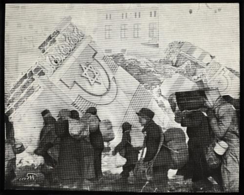 (In photomontage with synagogue in ruins) Boy in cap, with satchel and sack tied to back, walking with winter deportation crowd - side-profile
