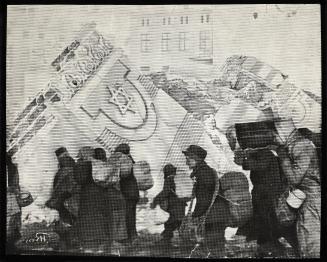 (In photomontage with synagogue in ruins) Boy in cap, with satchel and sack tied to back, walking with winter deportation crowd - side-profile