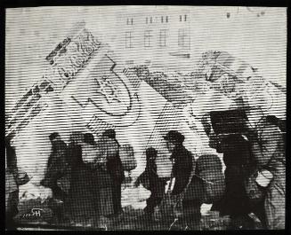 (In photomontage with synagogue in ruins) Boy in cap, with satchel and sack tied to back, walking with winter deportation crowd - side-profile