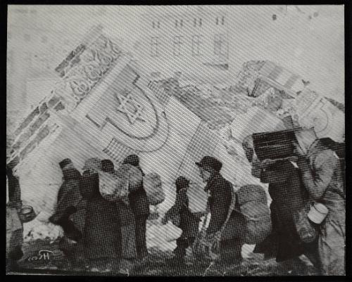 (In photomontage with synagogue in ruins) Boy in cap, with satchel and sack tied to back, walking with winter deportation crowd - side-profile