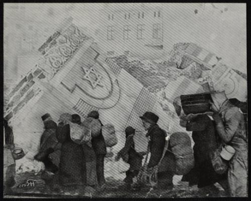 (In photomontage with synagogue in ruins) Boy in cap, with satchel and sack tied to back, walking with winter deportation crowd - side-profile