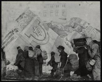 (In photomontage with synagogue in ruins) Boy in cap, with satchel and sack tied to back, walking with winter deportation crowd - side-profile