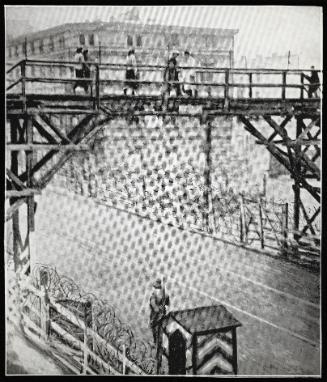 View of a Zigerski bridge over a street, people walking over it