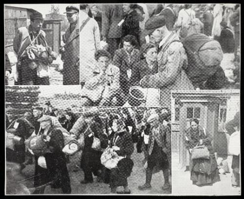 Montage deportation, man in cap with pail