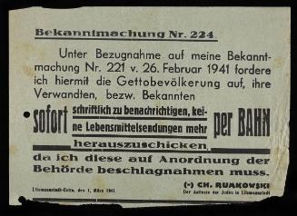 Announcement No. 224: Immediately notify in writing to send out no more food allowances by rail