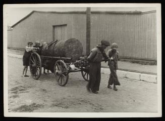 Workers pulling fecal wagon