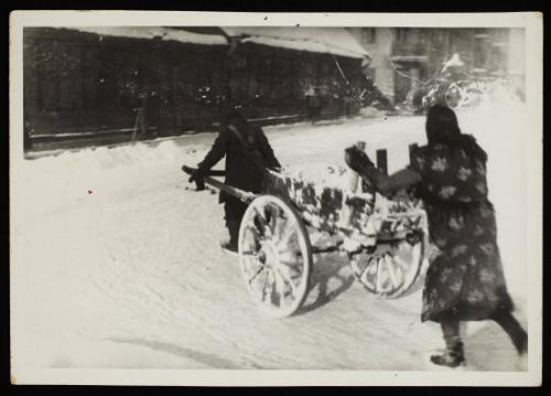 Two people moving cart with snow