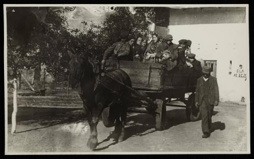 Man walking alongside horse-drawn labour wagon